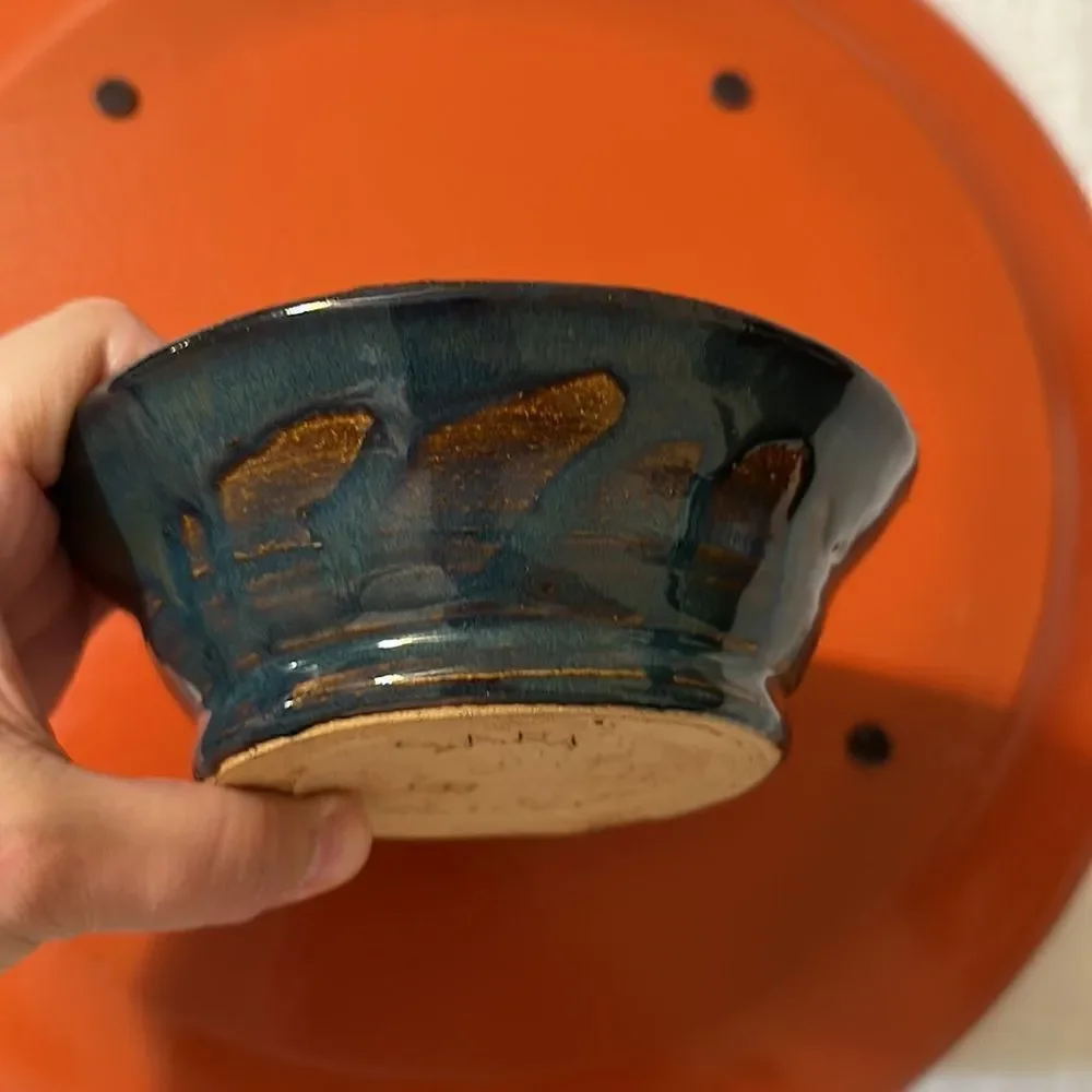 Handmade Clay Pot Trinket Dish Rust Teal Blue Green